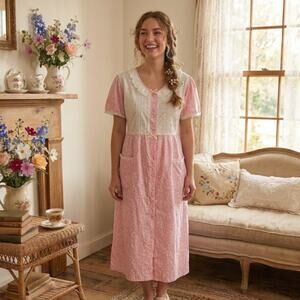 Vintage 60s Night Dress Lace Button Up MuuMuu House Dress Pink Coquette Cottage